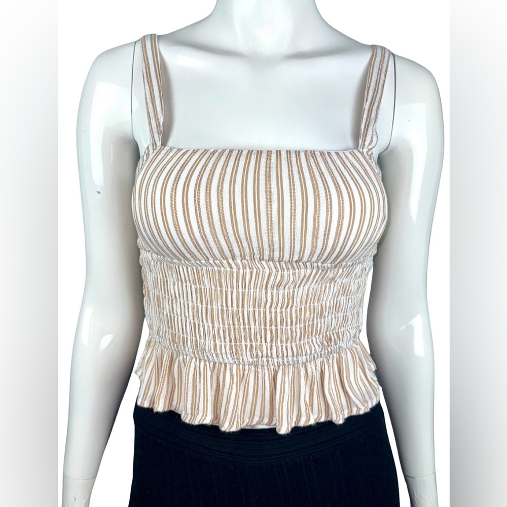 Japna XS Smocked Peplum Crop Top – Tan & White Striped, Adjustable Straps